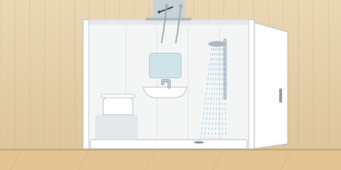 Feste Nasszelle mit GFK-Duschtasse, Toilette, Waschbecken, Brause und Dachlüfter mit Rückschlagklappe