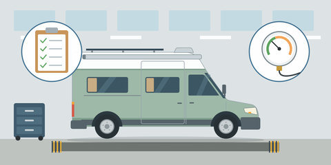 Campervan in der Prüfhalle, Lupen auf Checkliste und Manometer der Gasprüfung
