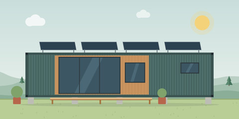 Containerhaus aus einem 40-Fuß-Container mit Glasfront und Solar auf dem Dach