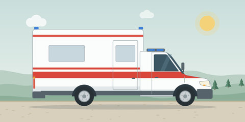 Ausgemusterter Rettungswagen mit Kofferaufbau und Warnstreifen