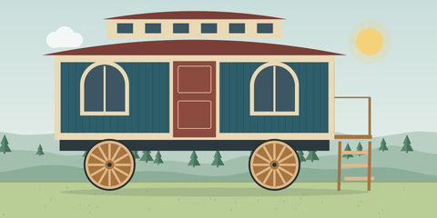 Zirkuswagen mit Laternendach, Rundbogenfenstern und Speichenrädern